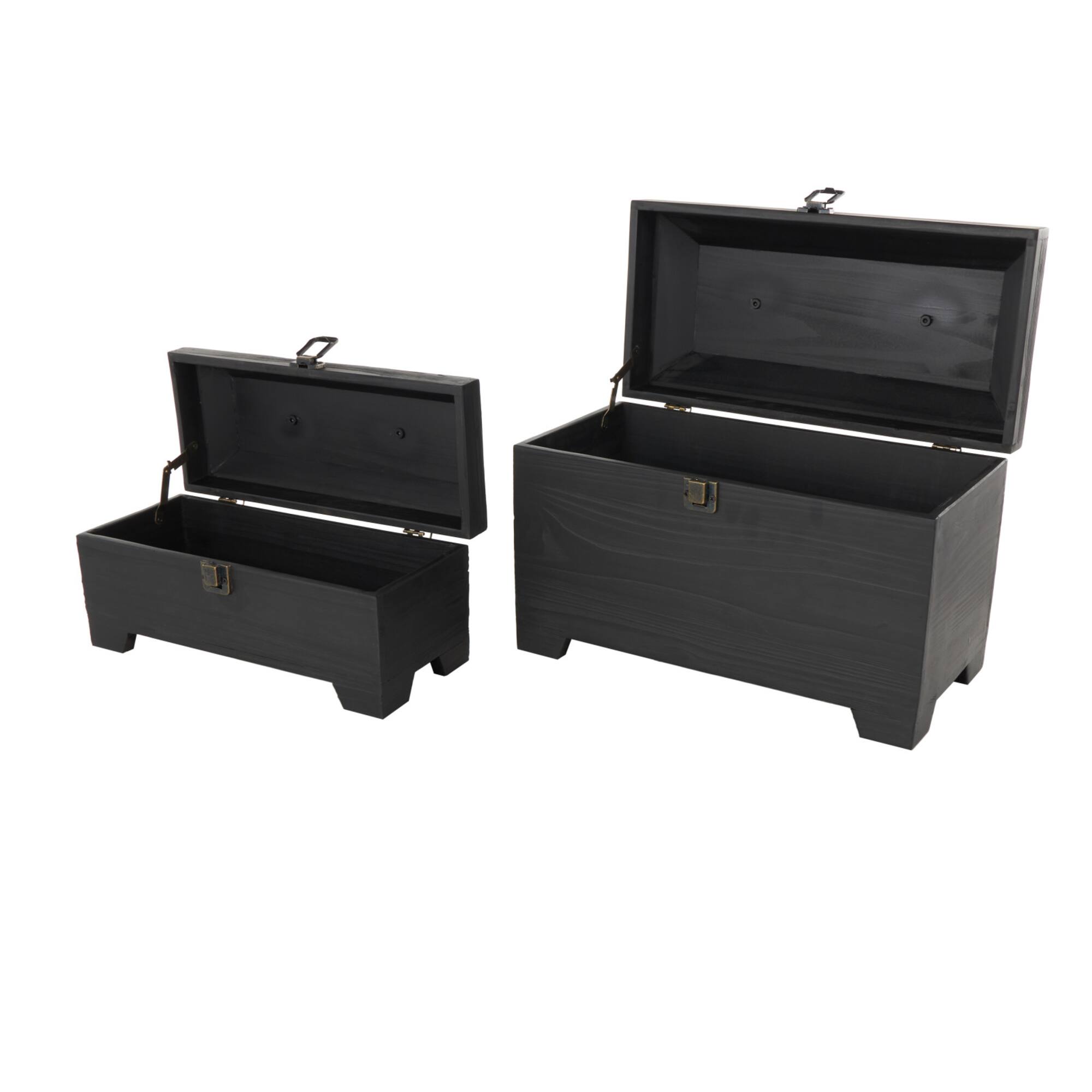 Black Wood Handmade Decorative Box Set with Brass Latches and Handle